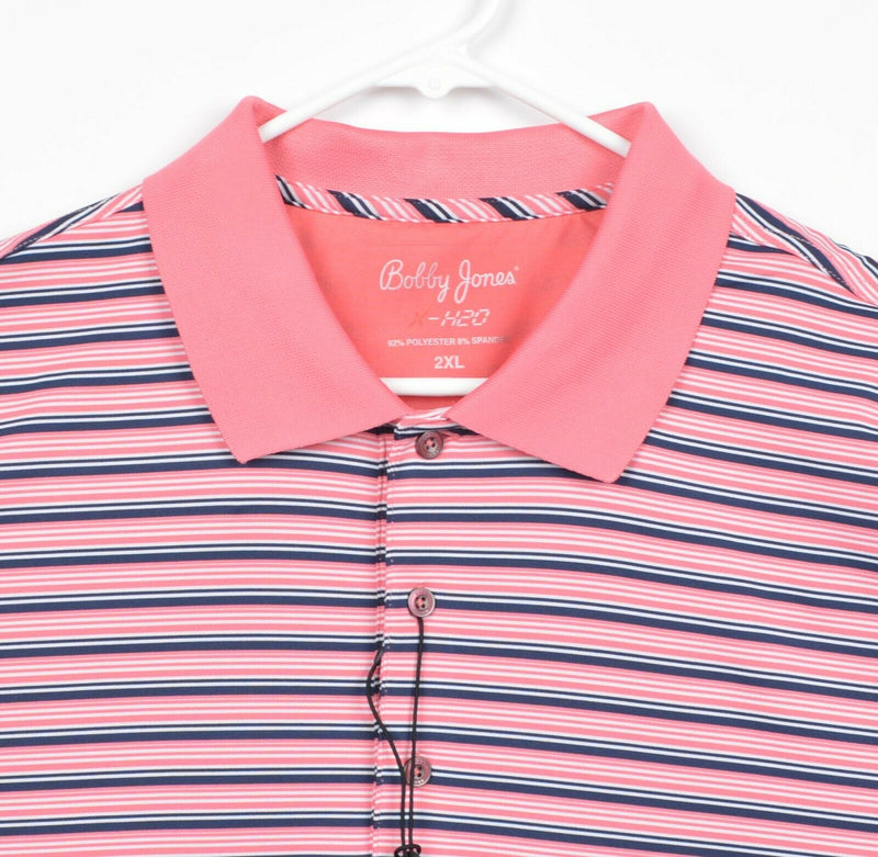 Bobby Jones X-H20 Men's Sz 2XL Pink Navy Striped Performance Golf Polo Shirt