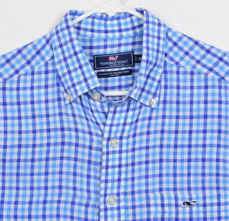 Vineyard Vines Men's Sz Medium 100% Linen Blue Plaid Check Whale Tucker Shirt