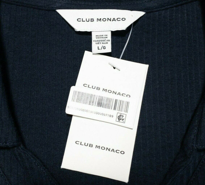 Club Monaco Split Neck Polo Shirt Large Men's Solid Navy Blue Short Sleeve