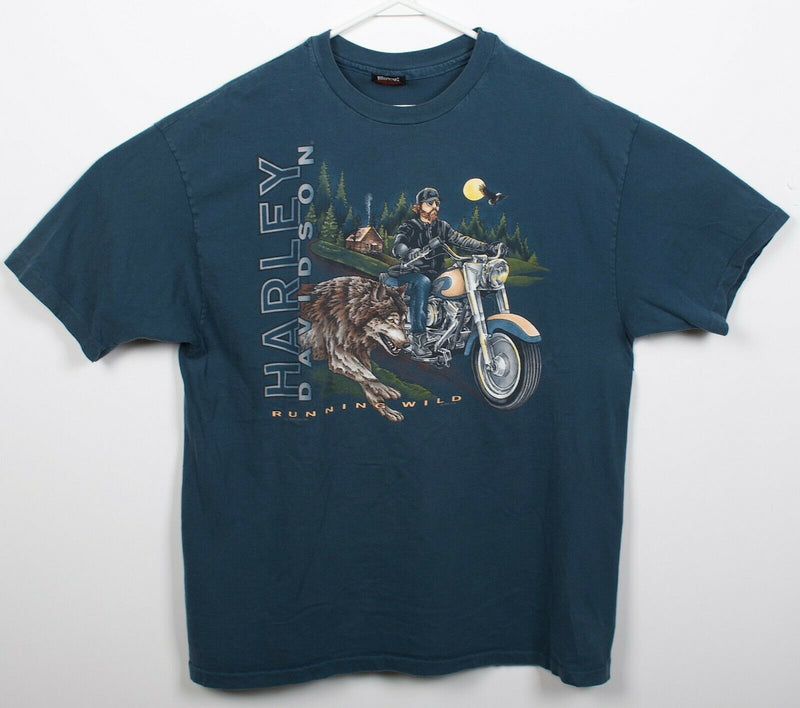 Vintage Harley-Davidson Men's XL Running Wild Wolf Blue Double-Sided 3D T-Shirt