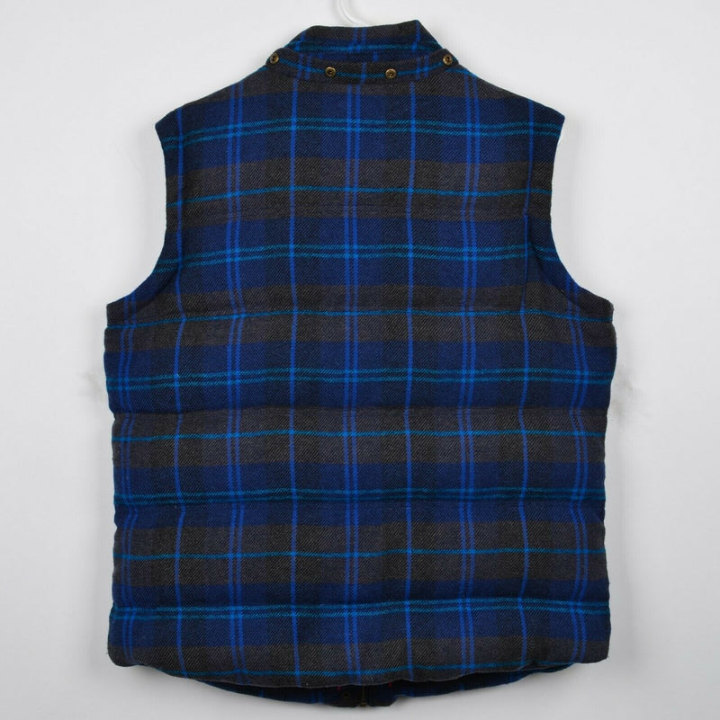 Boden Women's 12 Down Navy Blue Gray Plaid Wool Lined Full Zip Snap Puffer Vest