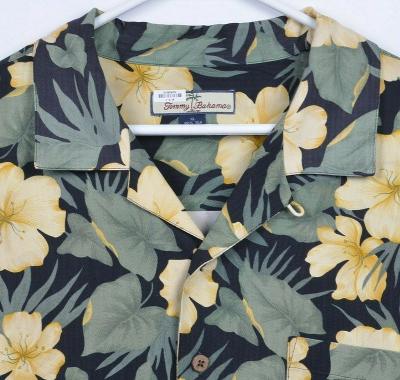 Tommy Bahama Men's XL 100% Silk Floral Black Green Yellow Hawaiian Aloha Shirt