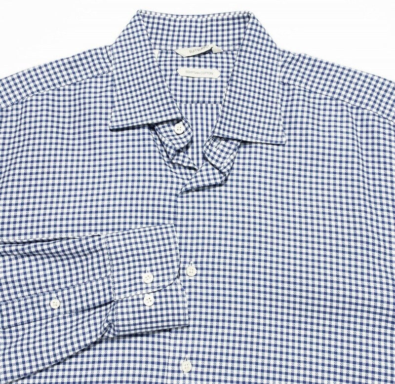 Suitsupply Shirt 16.5 (Large 42) Blue White Shepherd Check Long Sleeve Button-Up