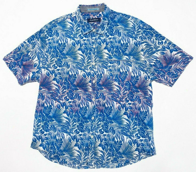 Tommy Bahama XXL Hawaiian Shirt Mens Button-Up Blue Purple Floral Cotton Spandex