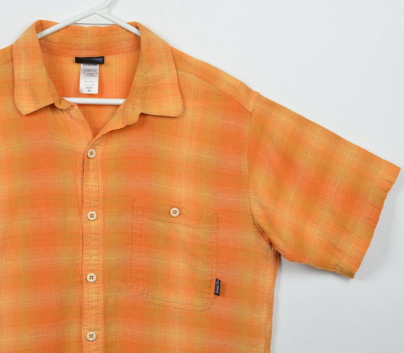 Patagonia Organic Cotton Men Medium Orange Plaid Crinkle Button-Front A/C Shirt