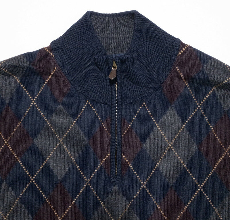 Brooks Brothers Sweater Men's Large Merino Wool Argyle Diamond Navy 1/4 Zip