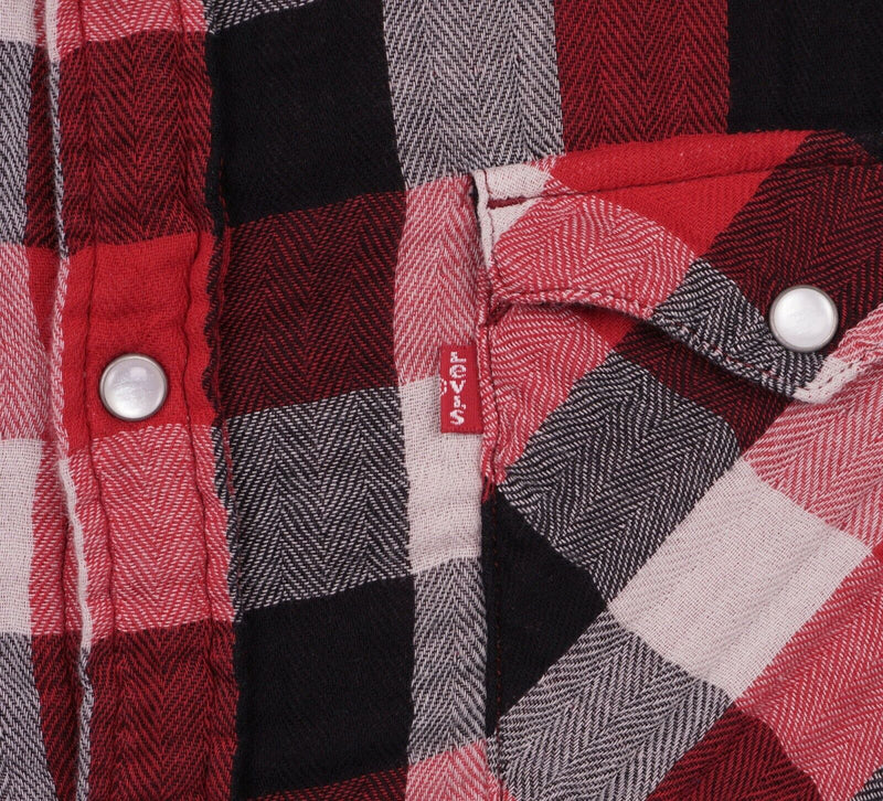 Levi's Men's Large Pearl Snap Flannel Red Black Plaid Check Western Shirt