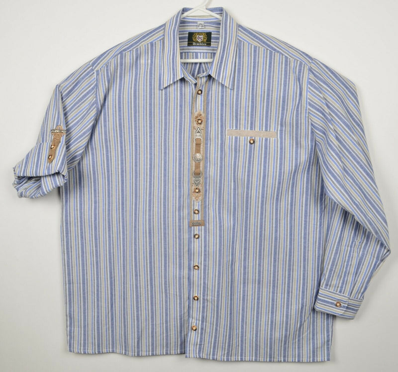 Trachten Oktoberfest Men's 2XL Blue Striped Roll-Tab Sleeve Munich Beer Shirt