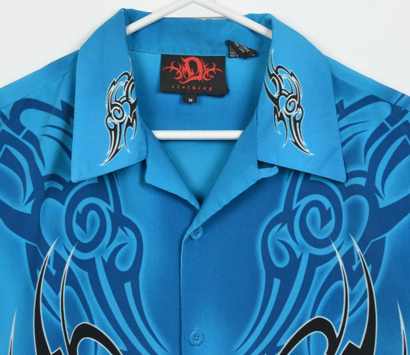 Dragonfly Clothing Men's Medium Blue Tribal Flames Y2K 90s Polyester Camp Shirt
