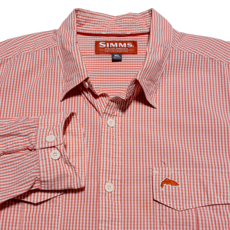 Simms Fishing Shirt Men's XL Long Sleeve Orange/Pink Check Long Sleeve Button