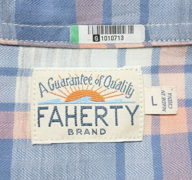 Faherty Men's Large Gray Peach Blue Plaid Casual Preppy Button-Front Shirt