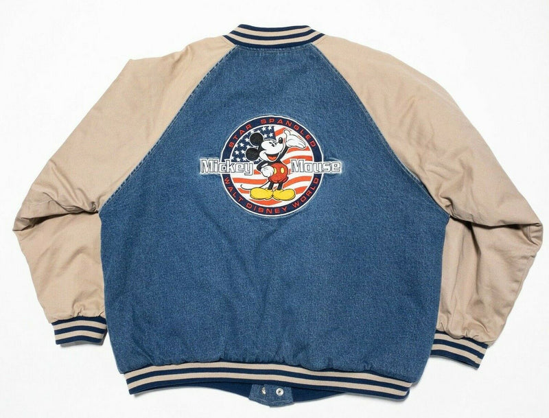 Disney Denim Jacket Vintage Bomber Adult Large Snap Mickey Mouse USA Varsity