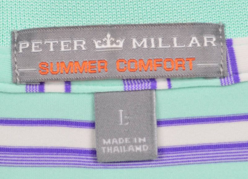 Peter Millar Men's Large Summer Comfort Mint Green Purple Stripe Golf Polo Shirt