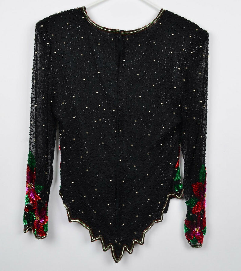 Laurence Kazar Women's Small 100% Silk Beaded Sequins Poinsettias Flowers Shirt