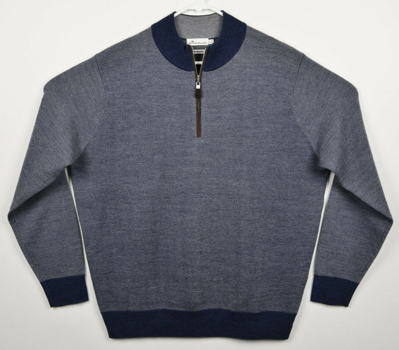 Peter Millar Men's Large 100% Merino Wool Blue 1/4 Zip Pullover Golf Sweater