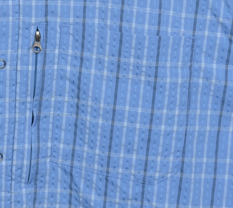 REI Men's XL Snap-Front Blue Plaid Seersucker Hiking Travel Nylon Wicking Shirt