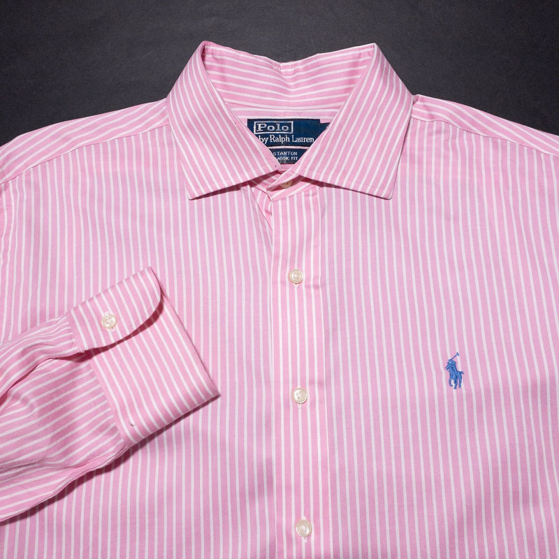 Polo Ralph Lauren Dress Shirt Men's Large Pink Striped Stanton Preppy Business