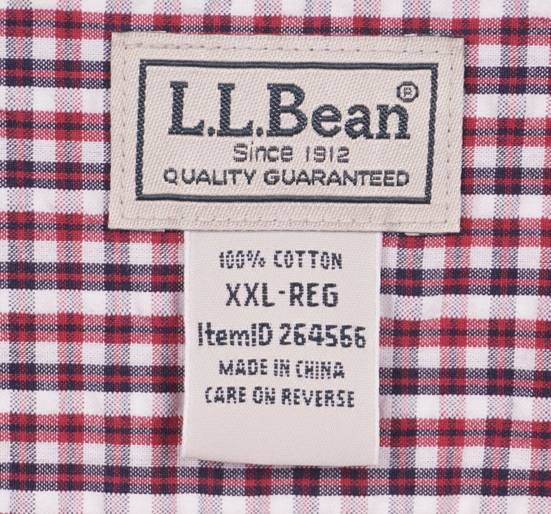 L.L. Bean Men's 2XL Seersucker Red Navy Blue Plaid Check Short Sleeve Shirt