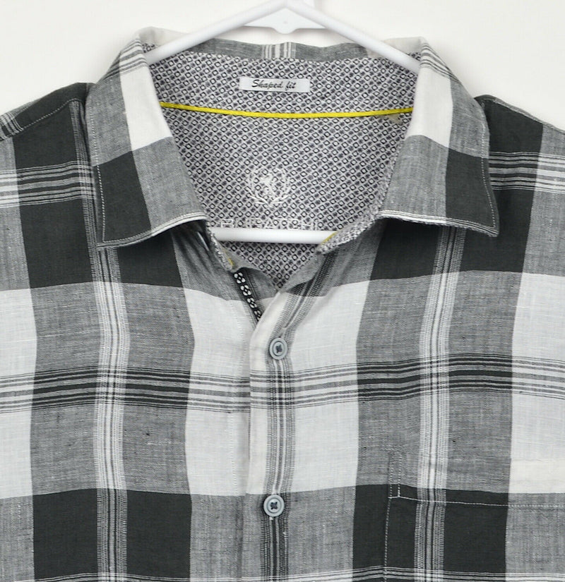 Bugatchi Uomo Men's Large Shaped Fit 100% Linen Gray Black Plaid S/S Shirt