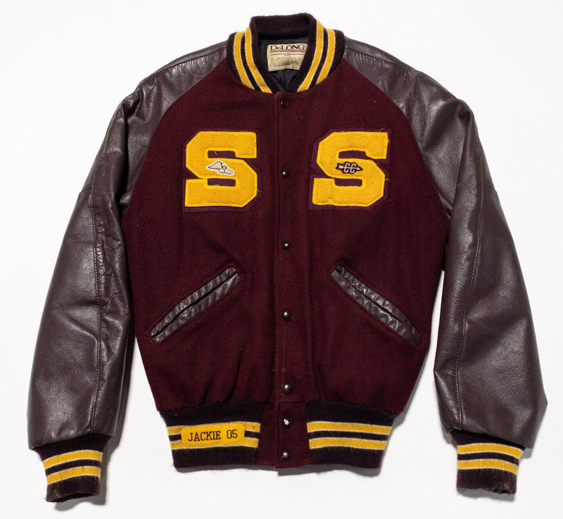 Vintage DeLong Varsity Jacket Adult Medium Letterman Maroon Gold Wool Knit Snap