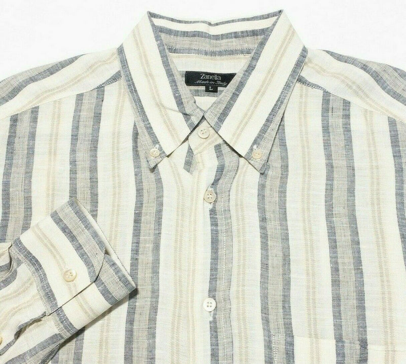 Zanella Linen Shirt Men's Large White Gray Striped Long Sleeve Button-Front