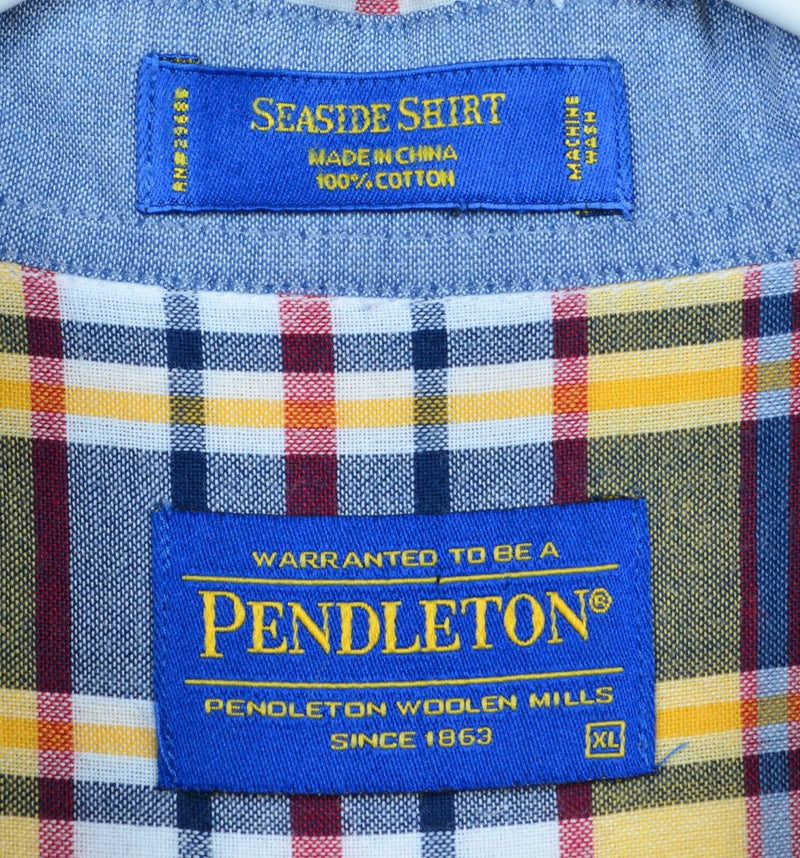 Pendleton Men's Sz XL "Seaside" Navy Blue Yellow Plaid S/S Button-Down Shirt