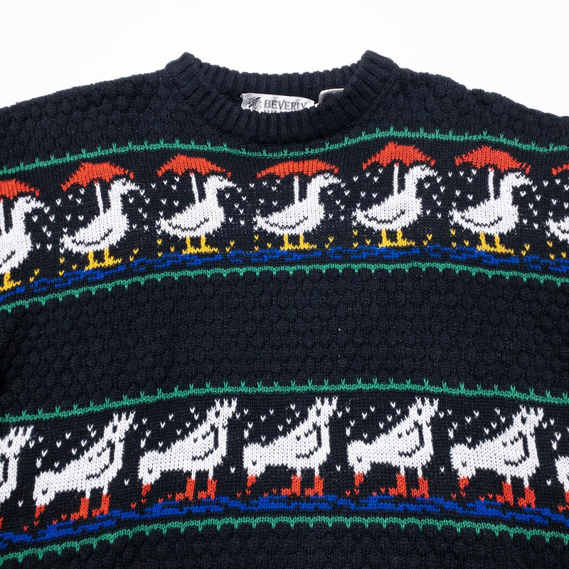 Beverly Hills Zoo Vintage Sweater Women's Medium 80s Duck Rain Pattern Black