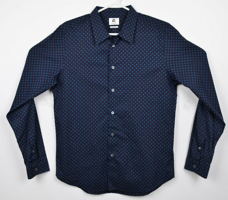 Paul Smith Men's Large Slim Fit Polka Dot Geometric Navy Blue Button-Front Shirt
