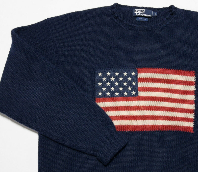 Polo Ralph Lauren Men's XL Wool Navy Blue USA American Flag Chunky Knit Sweater