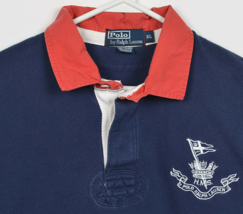 Polo Ralph Lauren Men's XL Embroidered HMS Crown Flag Navy Blue Rugby Shirt