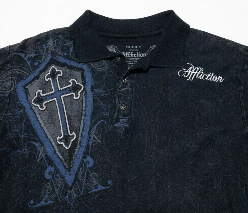 Affliction Polo Shirt Medium Men's Lion Cross Wings Tribal Black Short Sleeve