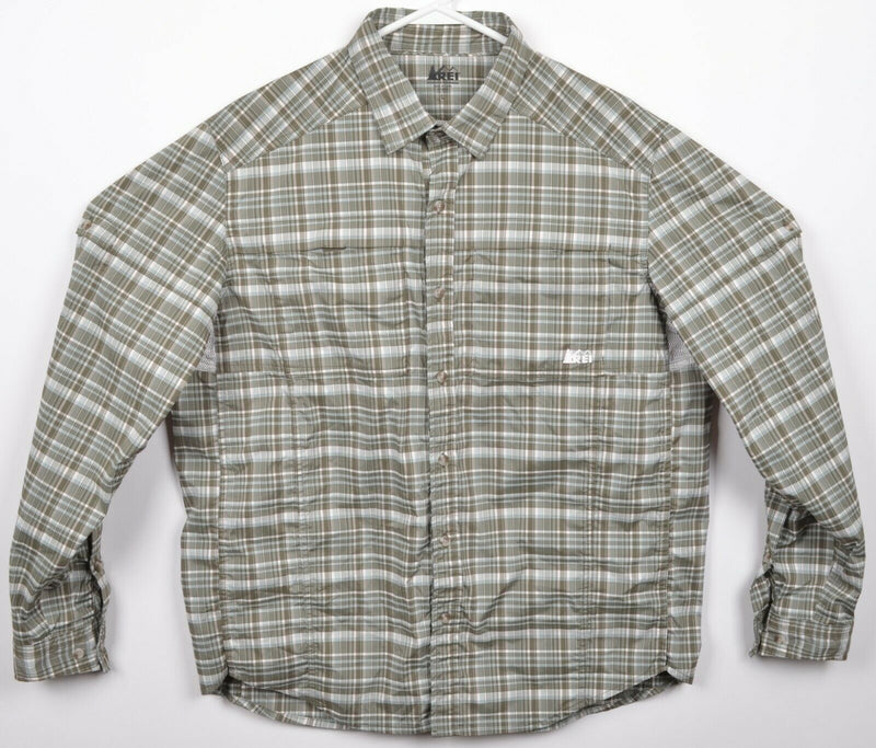 REI Men's Large Vented Polyester Wicking Green Plaid Hiking Outdoor Shirt