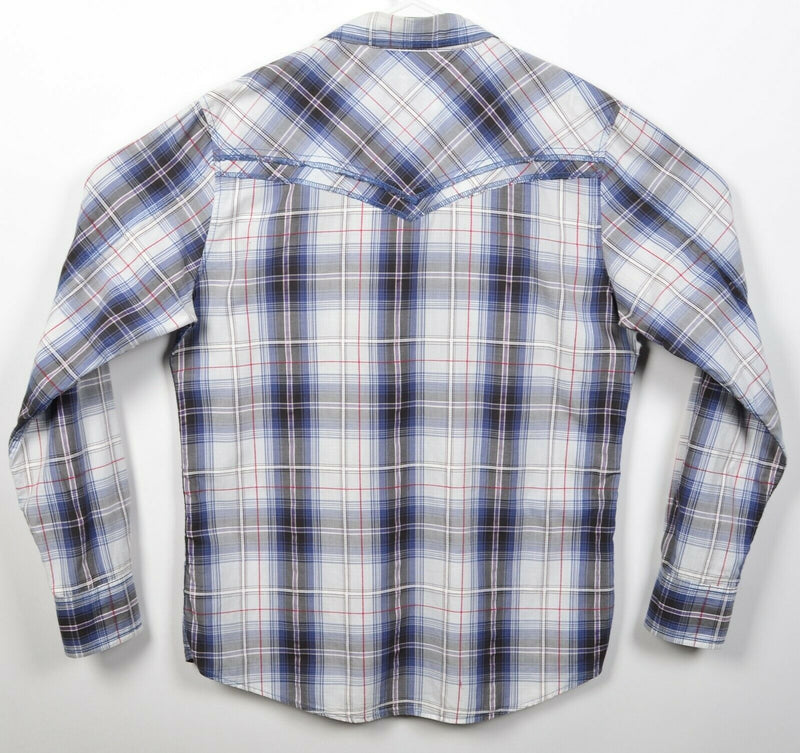 BKE Buckle Men's Medium Athletic Fit Pearl Snap Blue Gray Plaid Rockabilly Shirt