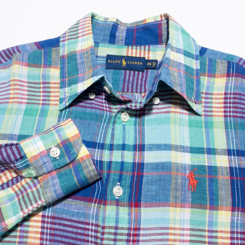 Polo Ralph Lauren Linen Shirt Men's XS Plaid Blue Indian Madras Button-Up