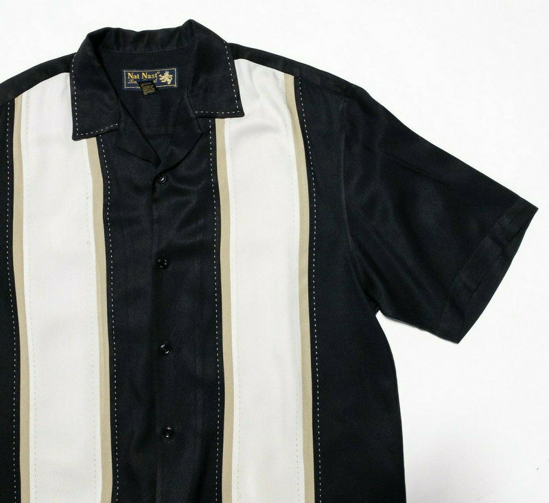 Nat Nast Medium Silk Shirt Panel Striped Bowling Retro Hawaiian Black Luxury