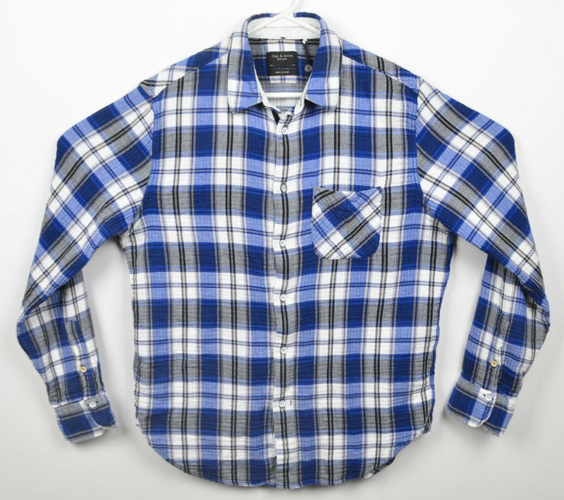 Rag & Bone Men’s Large Blue Plaid Cotton Blend Designer Button-Front Shirt