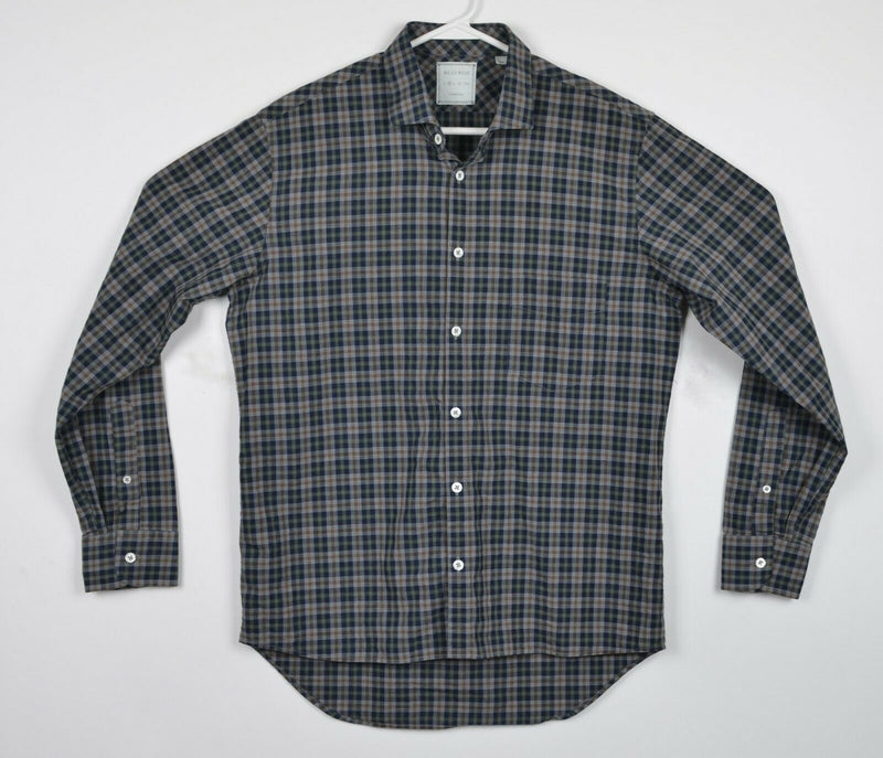 Billy Reid Men's Medium Standard Cut Brown Navy Plaid Check Cutaway Collar Shirt