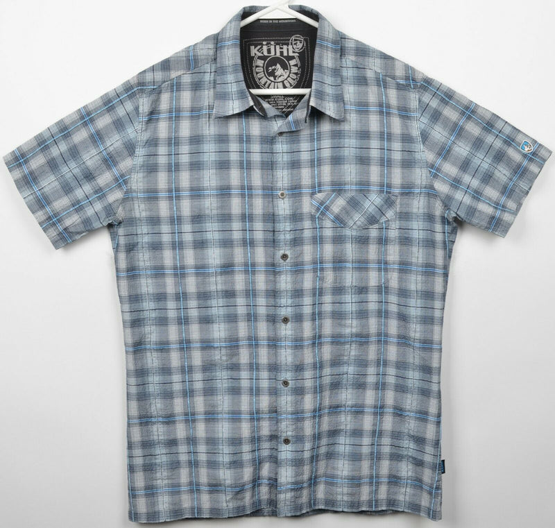 Kuhl Men's Small Blue Gray Plaid Hiking Polyester Cotton Button-Front Shirt