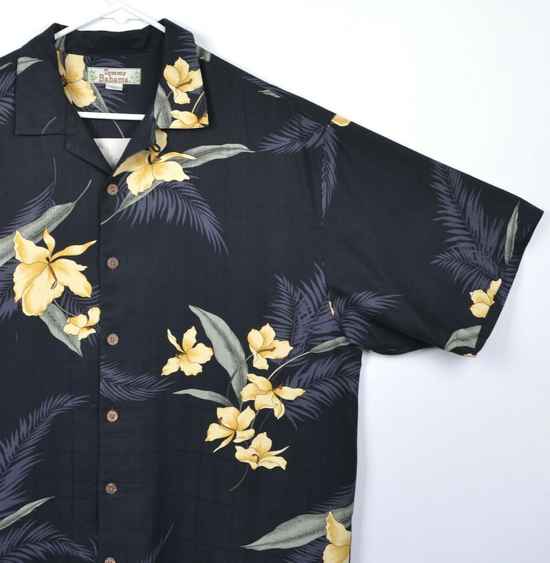 Tommy Bahama Men's Sz Large 100% Silk Floral Black Yellow Hawaiian Shirt