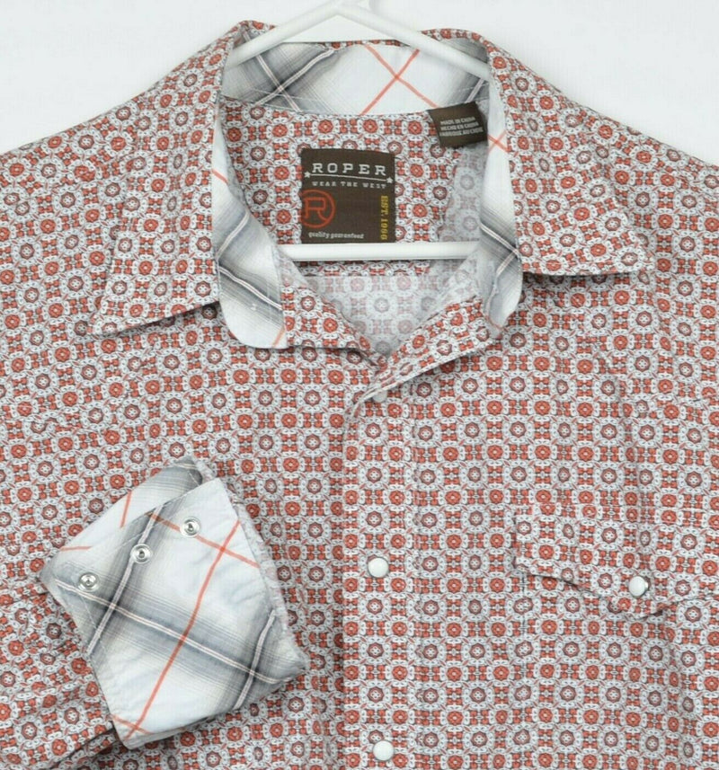 Roper Men's XL Flip Cuff Pearl Snap Orange Geometric Western Rockabilly Shirt