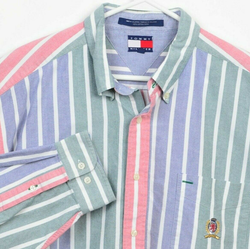 Vintage 90s Tommy Hilfiger Men XL Lion Crest Colorful Striped Button-Down Shirt