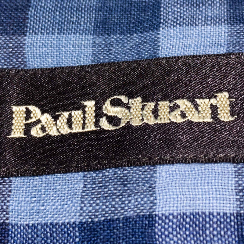 Paul Stuart Linen Shirt Men's Medium Blue Check Button-Down Long Sleeve
