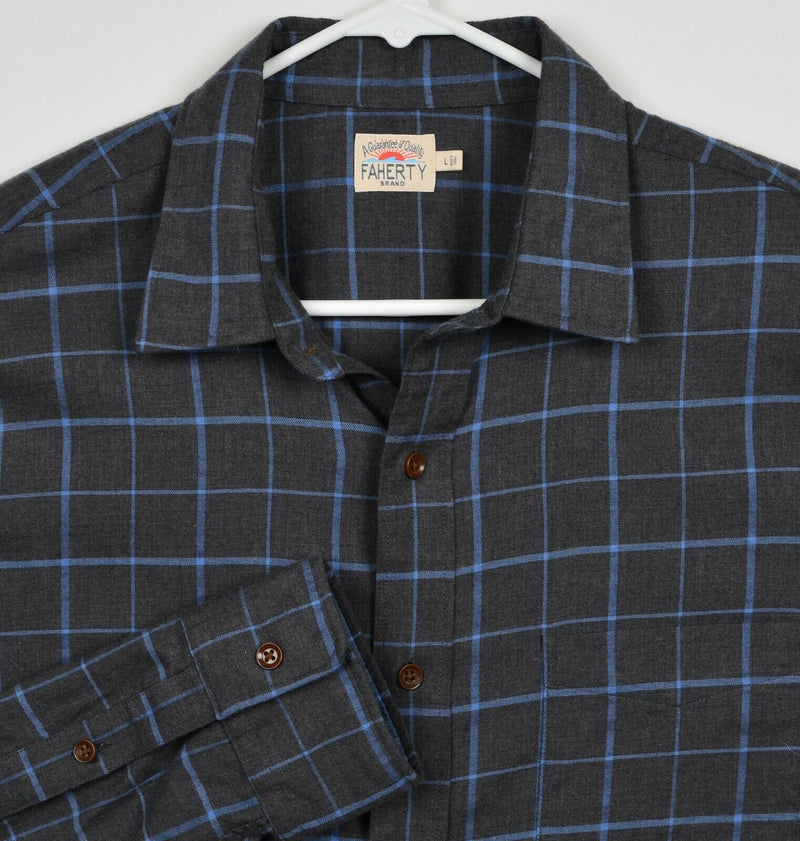 Faherty Brand Men's Sz Large Dark Gray Blue Plaid Cotton Spandex Flannel Shirt