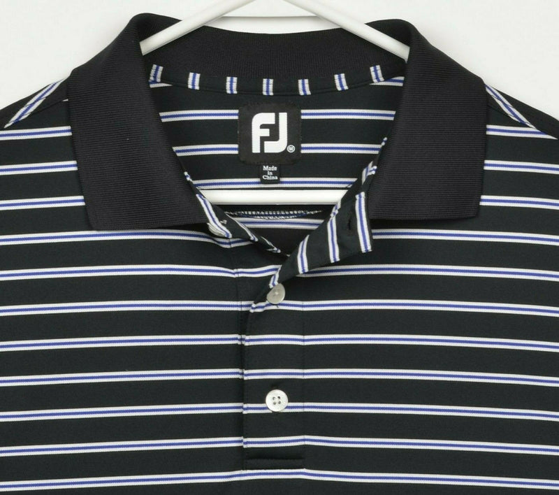 FootJoy Men's Medium Black Blue Striped Wicking Polyester FJ Golf Polo Shirt