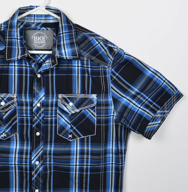 BKE Buckle Men's Medium Athletic Fit Pearl Blue Plaid Western Rockabilly Shirt