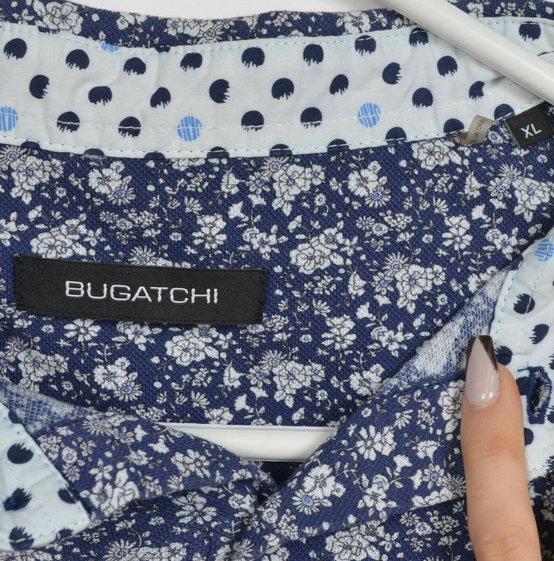Bugatchi Men's XL Floral Print Navy Blue White Short Sleeve Button-Front Shirt