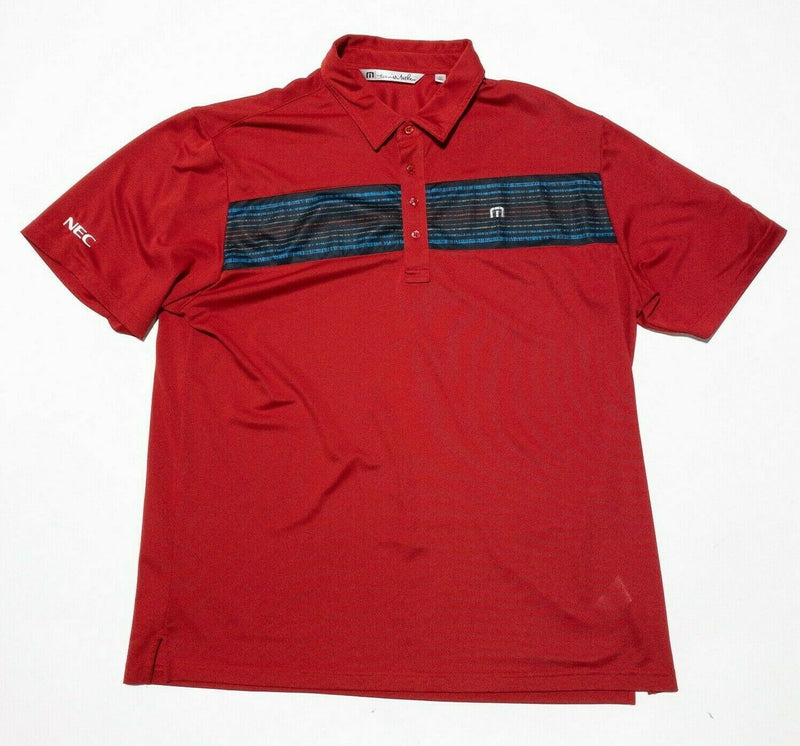 Travis Mathew Golf Polo 2XL Men's Shirt Red Blue Striped Polyester Wicking