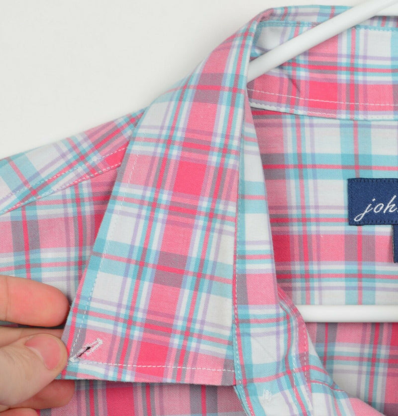Johnnie-O Men's Sz XL Pink Turquoise Blue Plaid Surfer Logo Button-Down Shirt