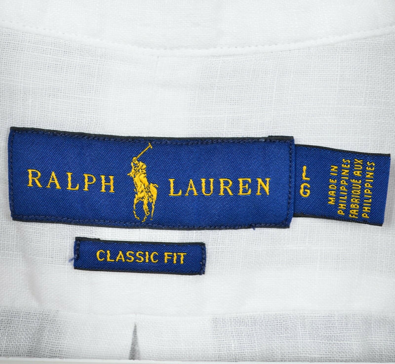 Polo Ralph Lauren Men Large Classic Fit 100% Linen Solid White Button-Down Shirt