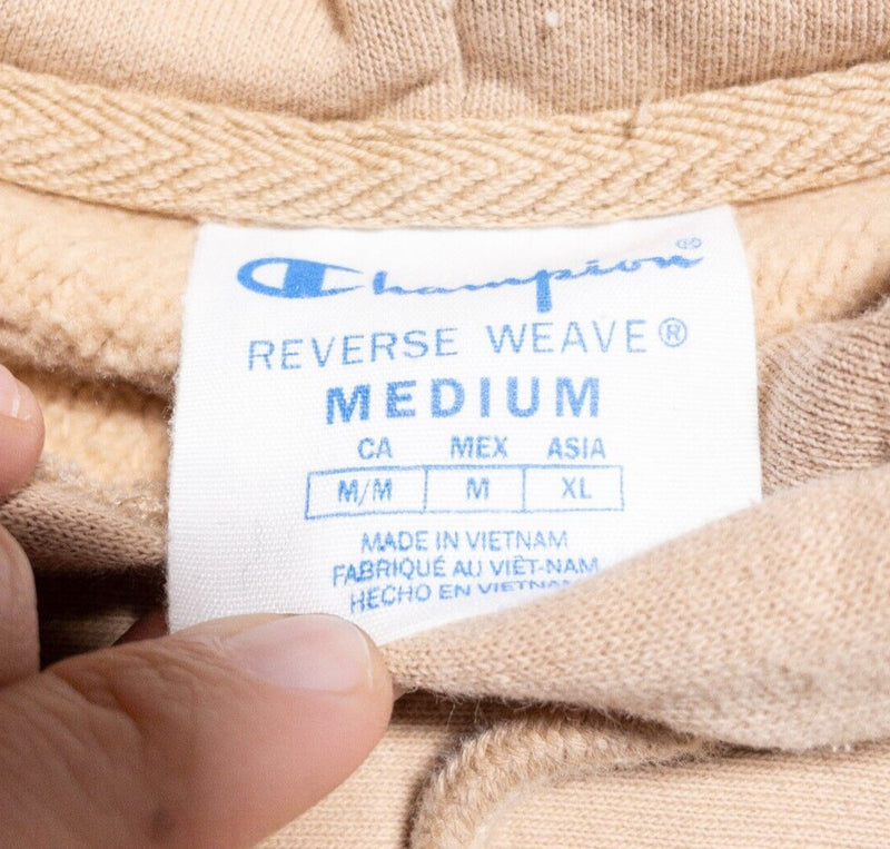 Champion Reverse Weave Hoodie Men's Medium Pullover Sweatshirt Beige Logo Blank